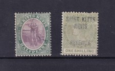 St. Kitts Nevis, 2 Marken zu ½ Penny und 1 Shilling gebraucht.