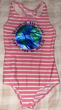 Boden Girls One Piece Swimsuit Be Kind to Our Planet Pink Striped Sz 11-12Y