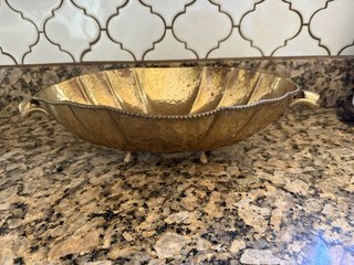 Brass Hammered Bowl Jardiniere with Decorative Handles Claw Feet And Beaded Edge