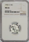 1942-S 10c Uncirculated Mercury Silver Dime NGC MS-66 Luster