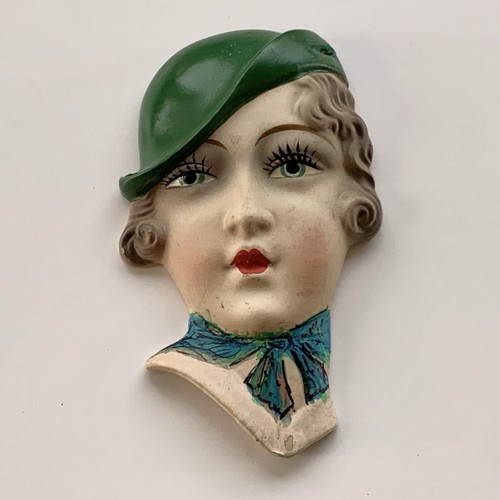 Antike Art Deco Dame in grün Porzellan Wandmaske Plakette Made in Japan 1930er