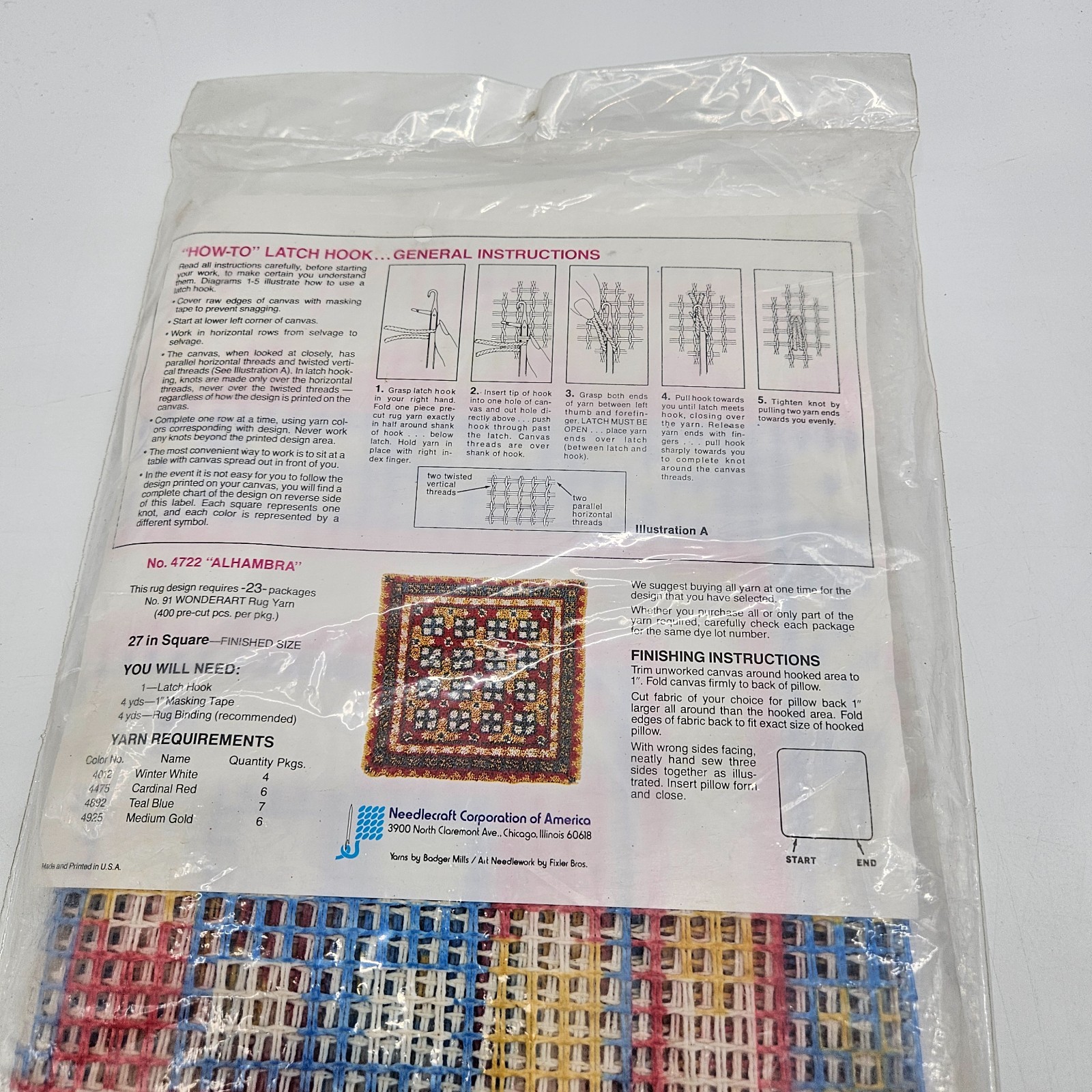 Vintage Wonder Art Latch Hook Floor Pillow Kit ALHAMBRA 27" x  27" NEW 4722