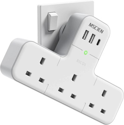 Mscien Mehrfachstecker Adapter, 6 in 1 Stecker Verlängerungsbuchse 3-fach 3 USB (3,4A, 1 Typ-