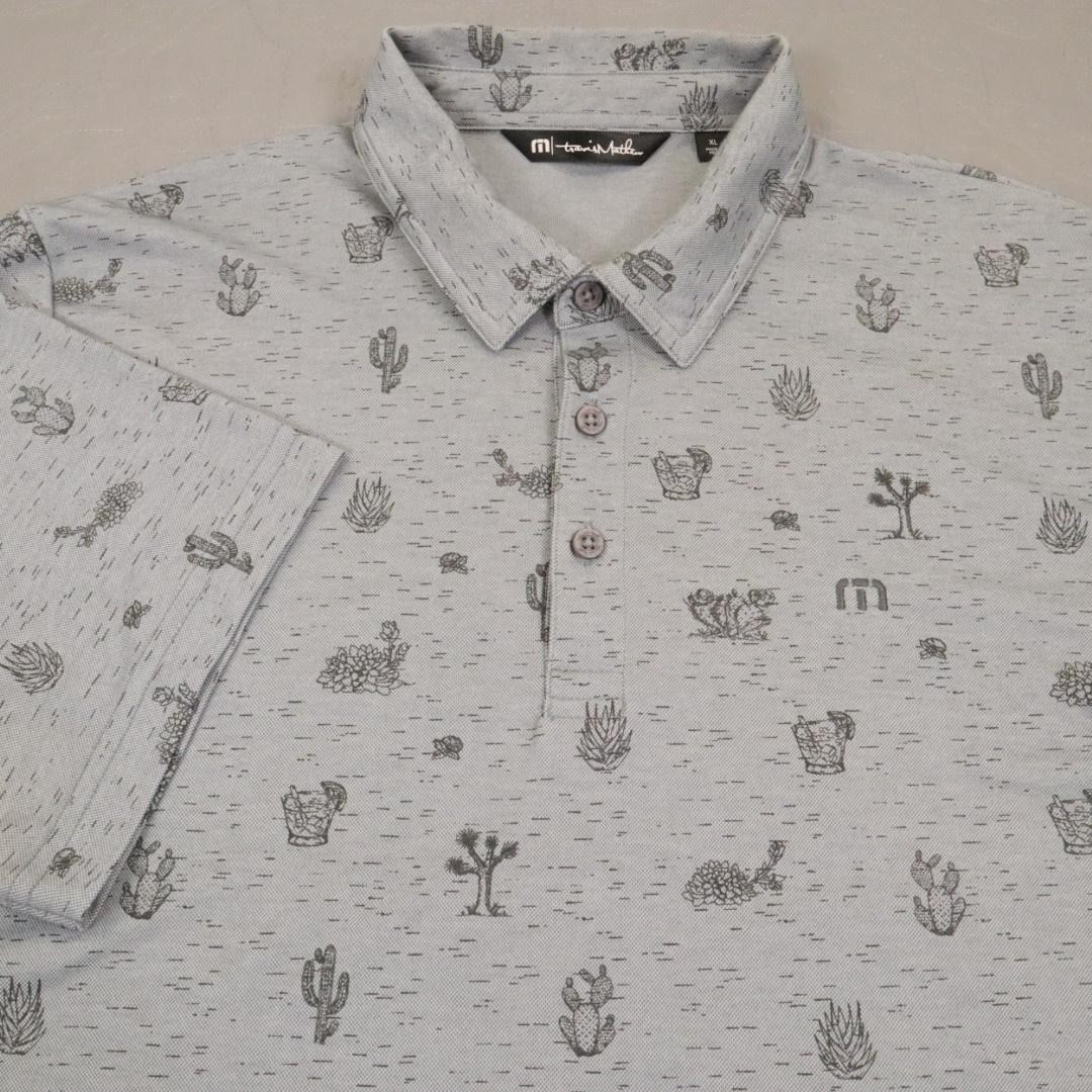 Travis Mathew Polo Shirt Mens XL Gray Cactus Desert Golf Pima Cotton Knit Print