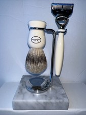 Ivory fine tip badger shaving brush, Resin Razor Edwin Jagger Nickel Stand