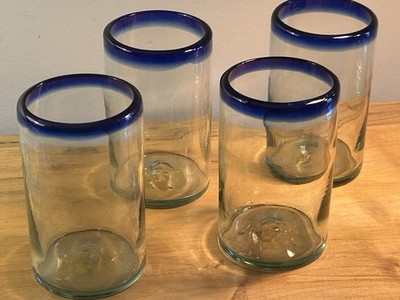 Set 4 Mexico Mexican double Old Fashioned 14 oz cobalt edge glasses 4'' tall EUC