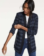 NEW Ann Taylor Tweed Blazer Jacket Button Front Longline Navy Blue SZ 6P