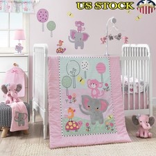 3 Piece Crib Bedding Set Elephant Quilt Fitted Sheet Dust Ruffle Nursery Decor
