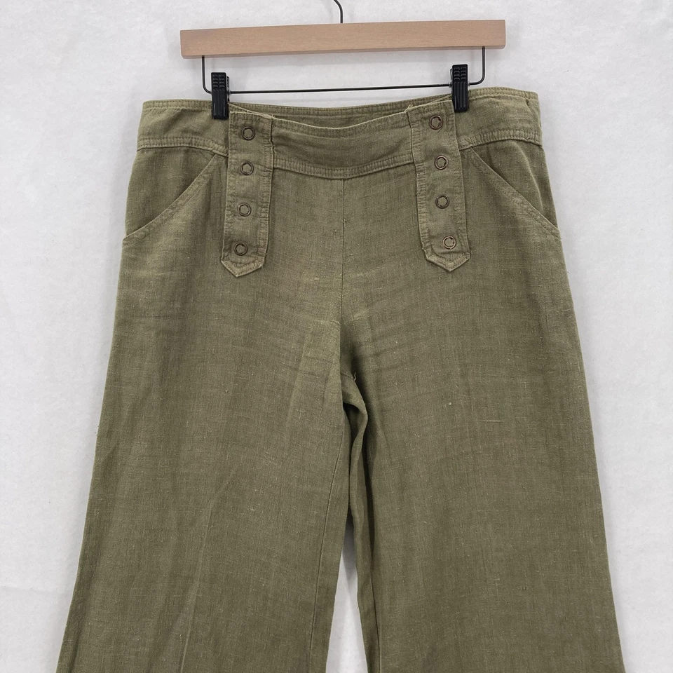 Pantalones Anthropologie Sitwell Mujer 10 Verde Lino Pierna Ancha Marinero Botón Boho Foto 2 de 4