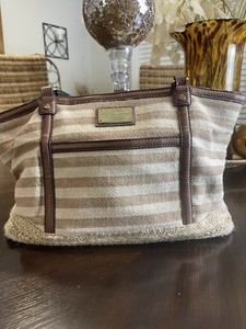 Dana Buchman Tan Stripe Woven Straw Tote Shoulder Bag
