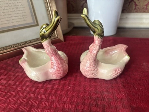 VintagePottery Swan Planter  Pink and Green Smiling