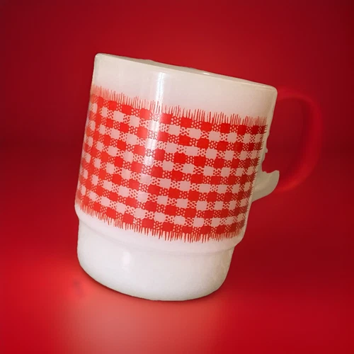 Vintage Fire King Milk Glass Red Gingham Picnic Mug Checkered Plaid Stackable