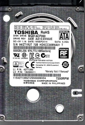 MQ01ACF050 HDKCC00M6A01 T REV:AAM AA10/AV002E 500GB SEP 2014 PHILIPPINES TOSHIBA