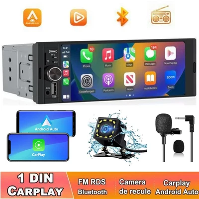 Autoradio 1 DIN CarPlay Android Auto 6.36" Tactile BT 5.0 Caméra Recul GPS FM - Photo 1/4
