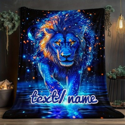 ized Blue Lion & Name Flannel Blanket - Custom TextName, Luxurious Lion Face &
