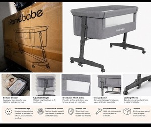 Pamo Babe Gray Convertible Bedside Sleeper, Mesh Side, Height Adjust, Wheels P20