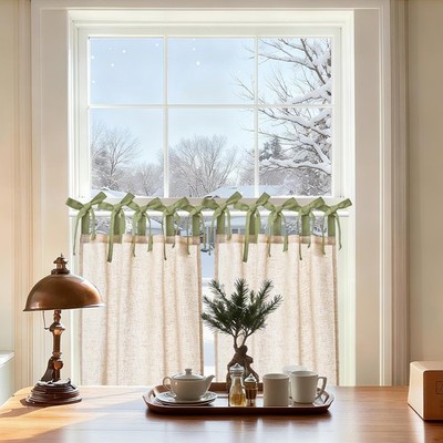 Linen Tie Top Curtains 24 Inch Length Farmhouse Cafe Curtains Set of 2 for Be...