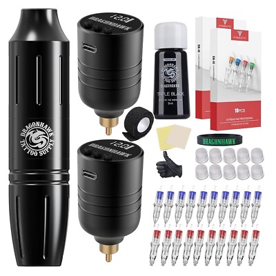 Dragonhawk Wireless Tattoo Kit 2 Batteries Tattoo Gun Kit Beginner Complete
