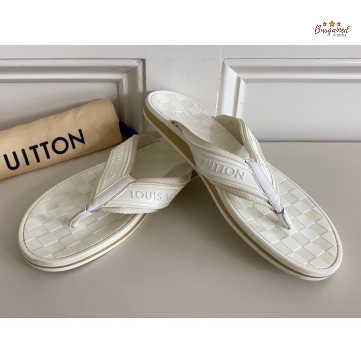 Authentic Louis Vuitton Ivory Damier Line Rubber Flat Flip