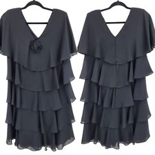 Vintage 80s Sheer Chiffon Tiered Ruffle Dress 12P Black Retro 20s Flapper USA