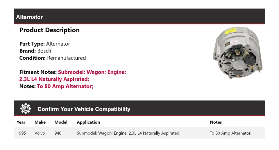 For 1995 Volvo 940 Wagon 2.3L L4 Naturally Aspirated Bosch Alternator - Image 2 of 4
