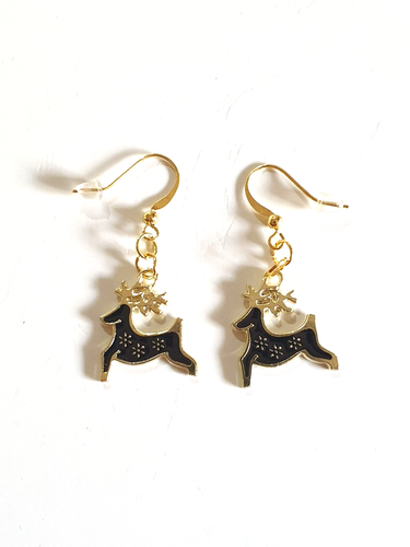 🎄Cute Black Enamel Christmas Reindeer Gold Plated Earrings🎄 - Picture 2 of 9