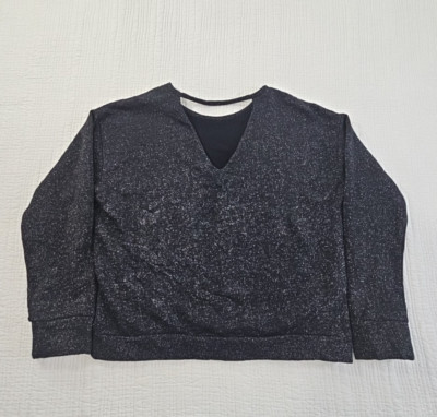 Lord & Taylor Bridged V-Neck Metallic Thread Sweater Women's L Black Silver EUC