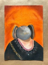 George Condo (Handmade) Drawing On old Paper Signed & Stamped, Vtg Art