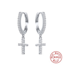 Sterling Silver Small Cross Dangle Toddler Girl CZ Drop Huggie Hoop Earrings 8mm