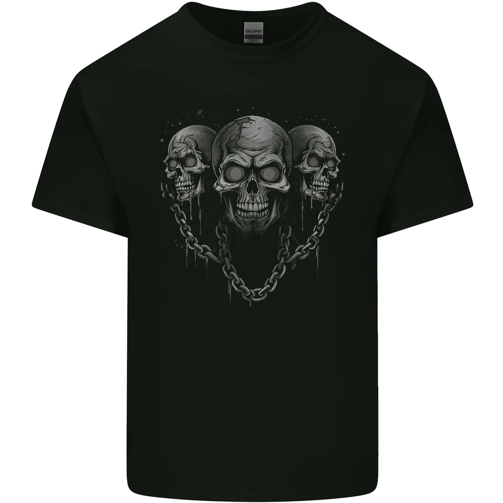 Three Skulls With Chains Heavy Metal Rock Music Mens Cotton T-Shirt Tee Top