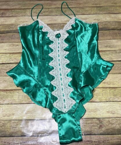 Vintage Victoria’s Secret Gold Label Satin Teddy Body Smaragd Weiß Spitze M