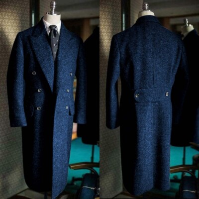 Men Long Overcoats Herringbone Tweed Wool Blend Coat Regular Fit Double Breasted
