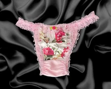 Baby Pink Satin Floral Silky Sissy Frilly Lace Bikini Tanga Knickers Briefs