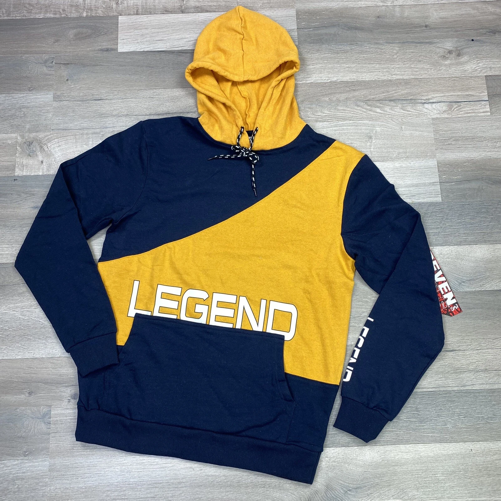 Seven Souls Hoodie Mens Medium Blue Yellow Color Block Legend Graphic Pullover