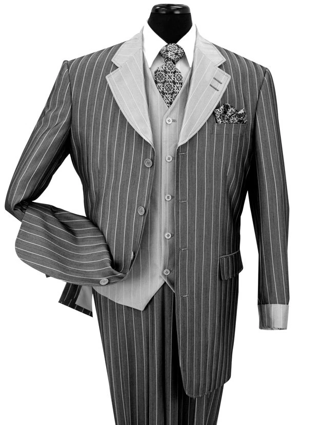 Terno Fortino Landi masculino 3 peças listra de gângster lã sensação com colete 2911 - Imagem 3 de 4
