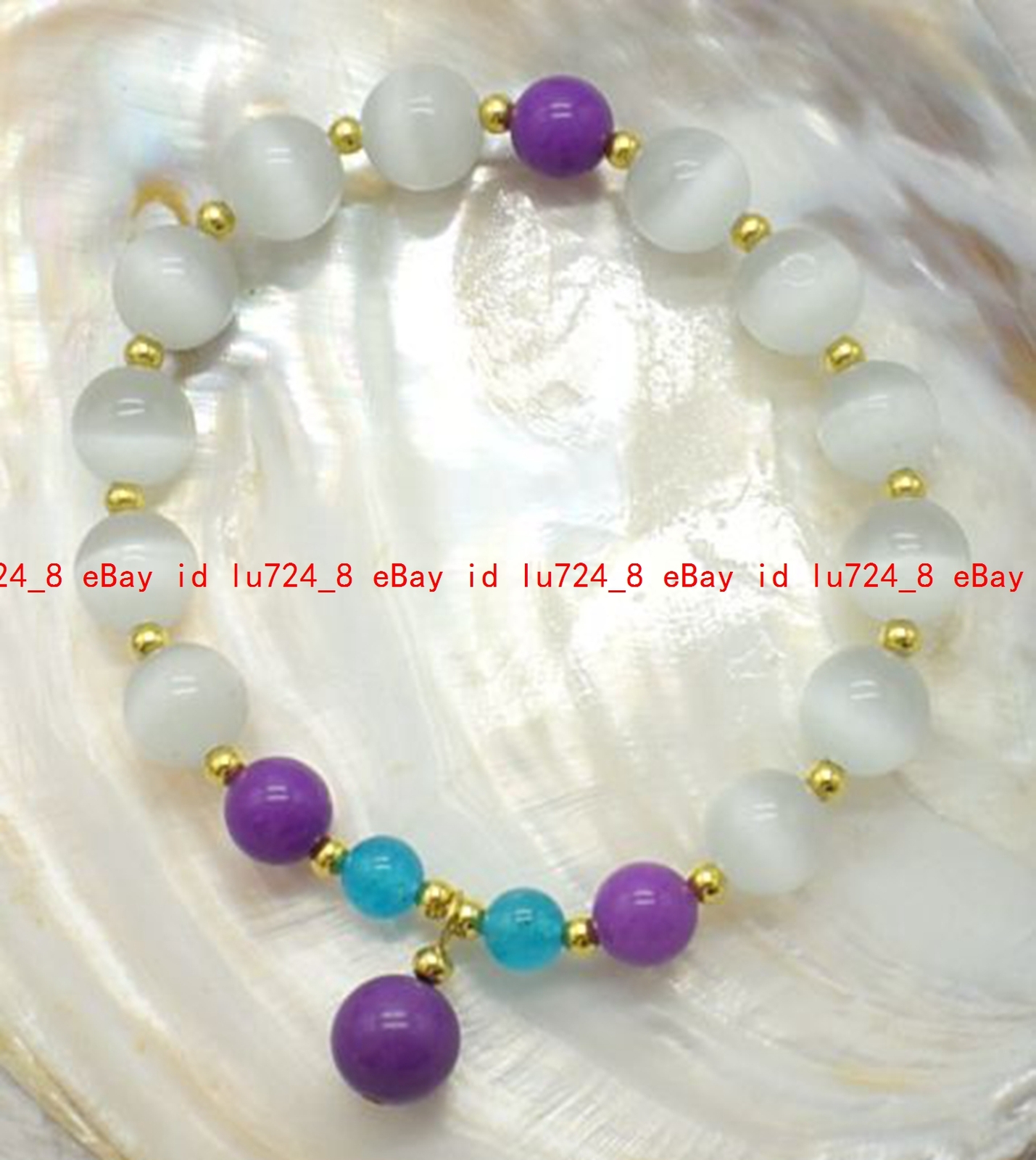 New 10mm White Cat's Eye Opal &Phosphosiderite Gem Beads Pendant Bracelet 7.5