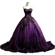 Black And Purple Gothic Wedding Dresses Appliques Sweetheart Tulle Bridal Gowns