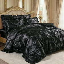 Luxury Black Satin Comforter Set with Ruffled Pillow Cover - Queen Size