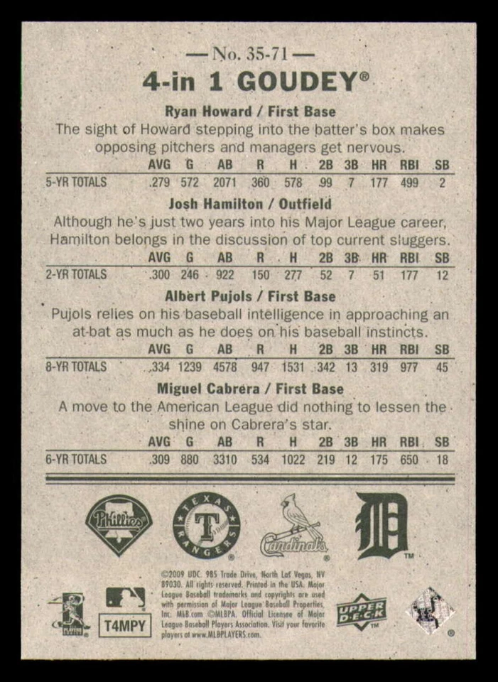 UD Goudey 2009 4 en 1 azul y verde #71 Ryan Howard-Josh Hamilton-Albert Pujols-M Foto 3 de 4