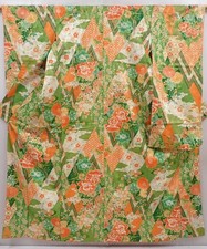 6226T14z1070 Vintage Japanese Kimono Silk FURISODE Peony Green
