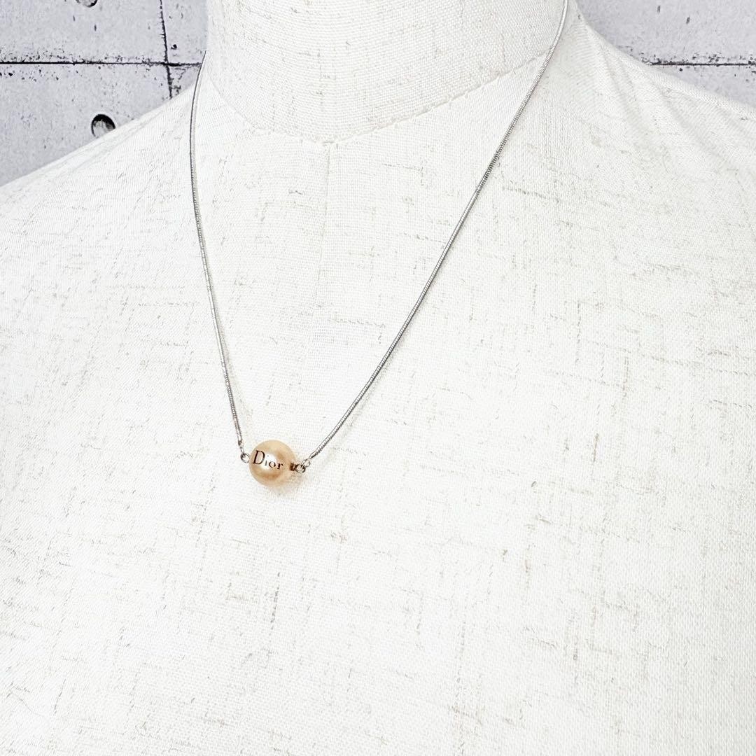 Christian Dior Vintage Silver Pearl Logo Necklace Unisex Faux Pearl Jewelry Japan
