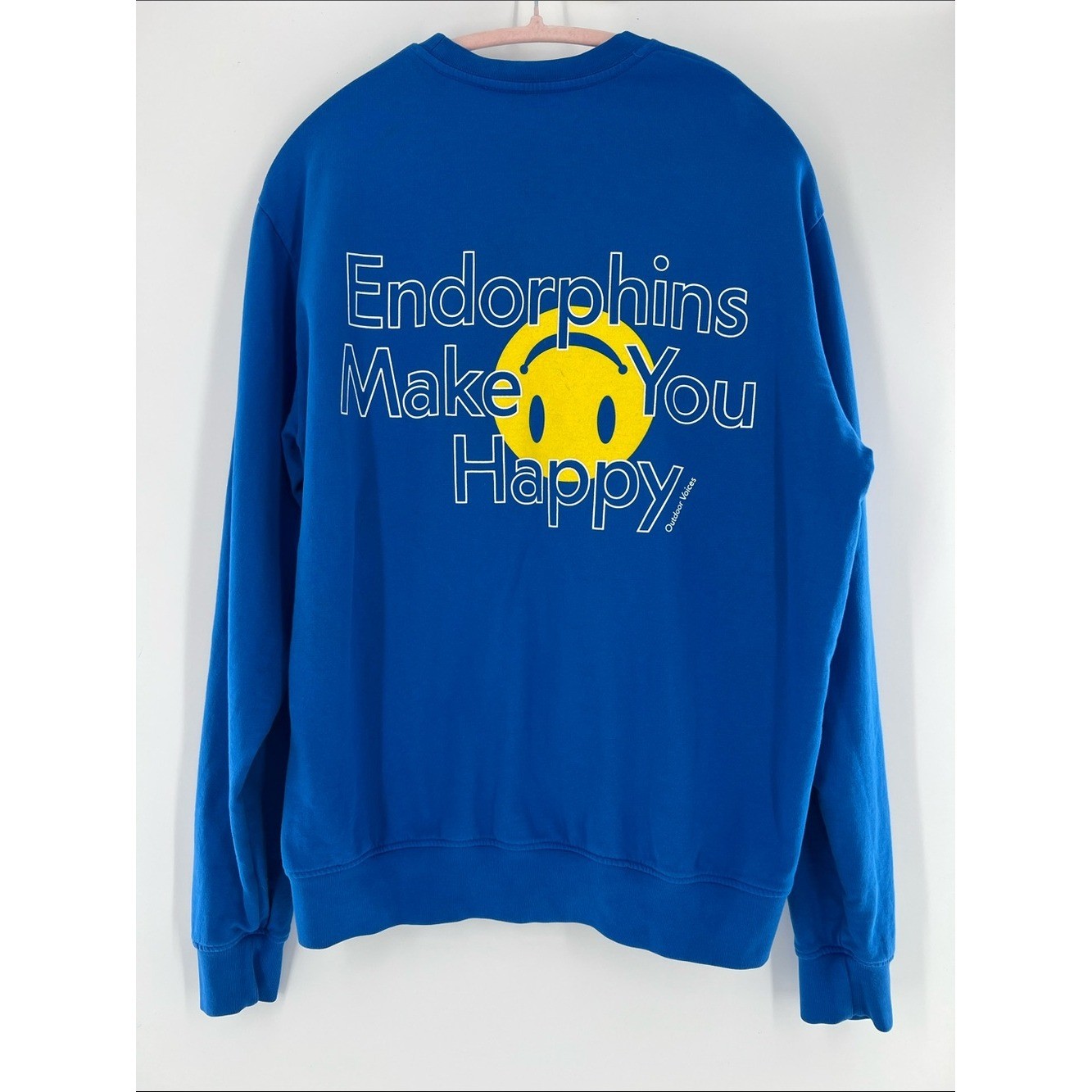 Outdoor Voices Endorphins Make You Happy Blue Crewneck Sweater XS Harry Styles