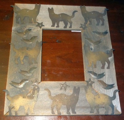 Barbara Benham Ryan Folk Art Tin Cutout Cats Design Wood Frame Decor Barn Wood