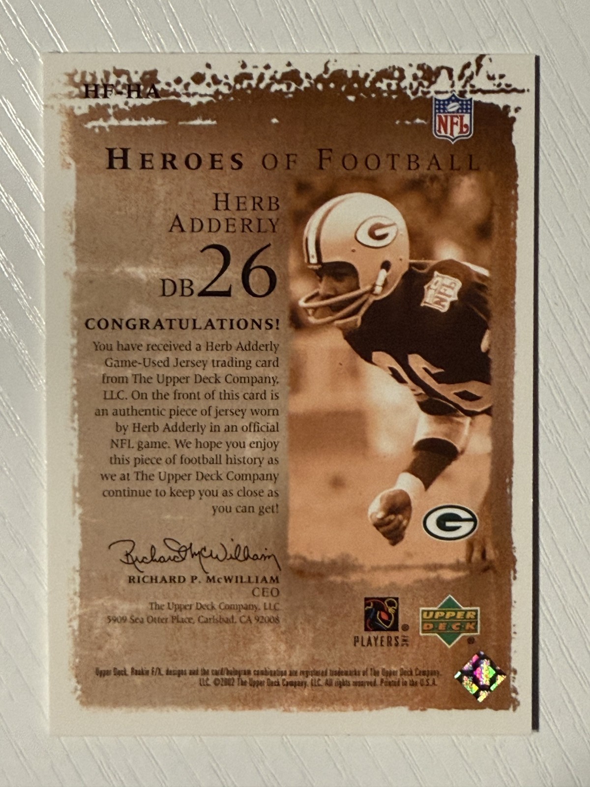 Herb Adderly 2001 Upper Deck Rookie F/X Heroes of Football Game Used Jersey view 2