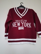 Ladies Burgundy/white .V  Neckline Jumper With Slogan To Front Size 12