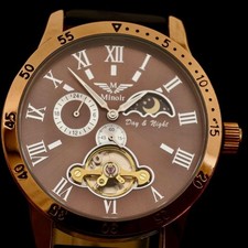 Minoir Automatik Herren Armbanduhr Mechanisch Glasboden Braun Schwarz Leder 41mm