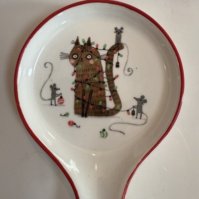 Prima Design Ceramic Christmas Kitty Cat In Lights With Mice Spoon Rest 9 In.