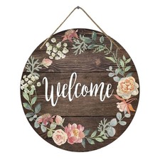 Front Door Welcome Sign, Rustic round Wreath Colourful Floral Wooden Hanging