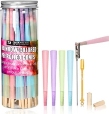 Colorful Pre Rolled Cones -72 Pack Rainbow King Size Cones Rolling Paper, Slow B