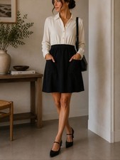 J. Crew Button-Front Crepe Shirt-Dress in Ivory and Black